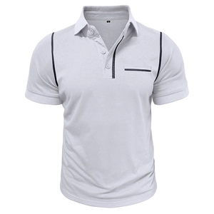 Detail of white short sleeve polo shirt with navy blue contrast piping on shoulders and pocket
