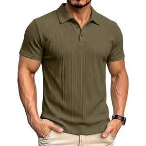 Detailed view of olive green polo shirt featuring ribbed knit texture and buttoned collar