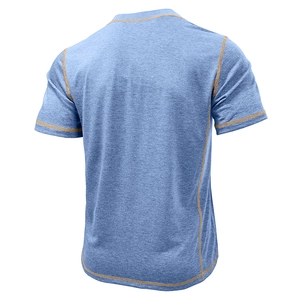 Men's light blue heathered Henley shirt with contrast stitching on white background