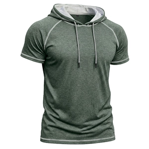 Men's moss green hooded short sleeve T-shirt with raglan sleeves and white contrast stitching