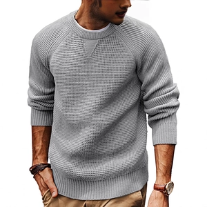 Men's grey waffle knit sweater with crew neck and raglan sleeves for winter comfort
