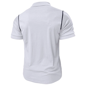 Back view of men's white polo shirt featuring black stitching details and ribbed cuffs