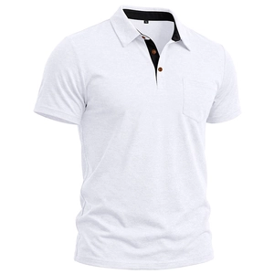 Detail of white men's polo shirt showing breathable textured fabric and black collar accent
