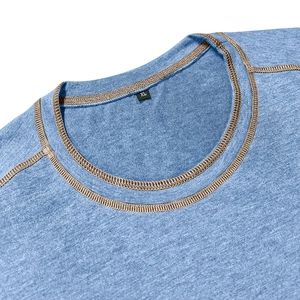 Close-up of blue cotton Henley T-shirt neckline with brown stitching and XL size tag