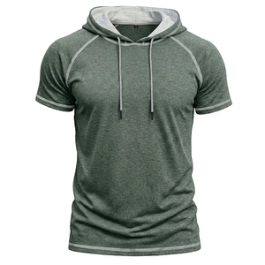 Men's sports hooded short sleeve T-shirt in heather grey with raglan sleeve detail