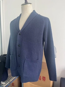 Close-up of dark blue knit cardigan showing shawl collar, buttons and texture
