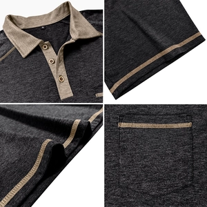 Detail view of men's polo shirt showing wood-style buttons and contrast stitching