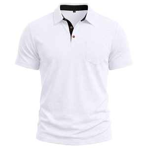 Close-up of white cotton polo shirt featuring orange buttons and black inner collar detail