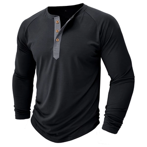 Detailed close-up of Henley shirt neckline with gray placket and wooden buttons
