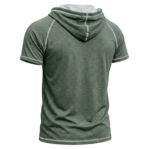 Rear view of an olive green hooded short sleeve gym shirt with raglan sleeves and white stitching