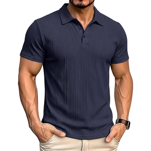 Close-up of navy blue men's polo shirt featuring vertical ribbed fabric texture and three buttons
