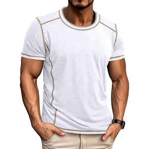 Detail of slim-fit white T-shirt with contrast khaki stitching and premium knit texture