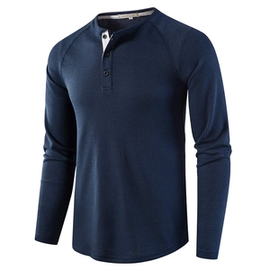 Men's Casual Waffle Knit Henley Shirt Solid Color Raglan Long Sleeve Slim Fit T-Shirt Soft Polyester Blend Fashion Tops