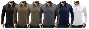 Detailed grid showing six color options for the long sleeve quarter-zip men's polo shirt
