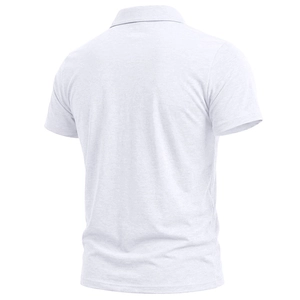 Rear view of light gray marl polo shirt showing high-quality knitted fabric texture