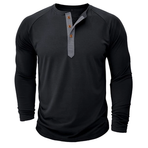 Detail shot of black long sleeve Henley shirt with gray three-button placket