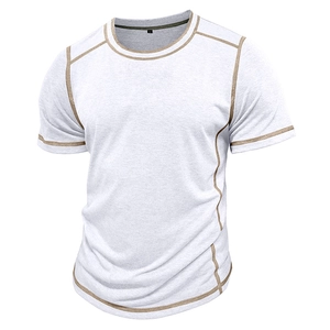 Detail of short sleeve henley shirt with brown contrast stitching on gray fabric