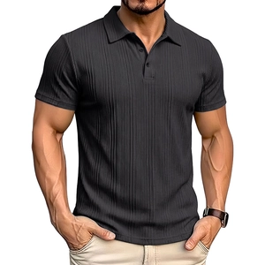 Detail of dark grey ribbed knit polo shirt featuring a three-button collar and slim fit