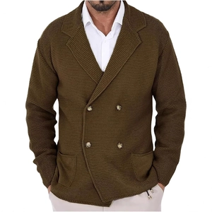 Men's olive green double-breasted knit cardigan with oversized lapels and patch pockets