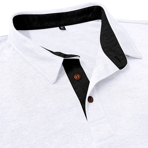 Detailed close-up of white men's polo shirt featuring black contrast collar and brown buttons