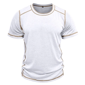 Detail of light grey Henley T-shirt with brown contrast decorative stitching and seams