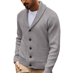 Detail view of mens grey cardigan featuring shawl collar and waffle knit texture