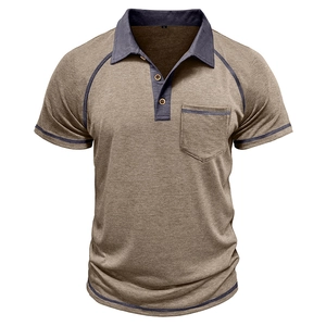 Detail of contrast pocket and wood texture buttons on a men's raglan polo shirt
