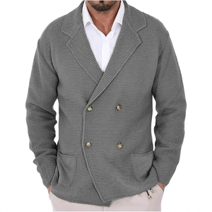 Men's dark grey heavy knit cardigan with double-breasted design and notch lapel