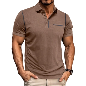 Detail of brown short-sleeve Polo shirt with contrast blue stitching and chest pocket