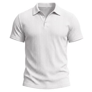 Close-up of white rib-knit polo shirt collar with two-button placket and fabric texture