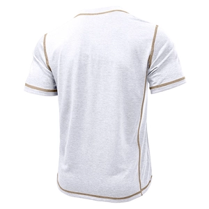 Detail view of the back of a grey short sleeve Henley t-shirt with camel contrast stitching