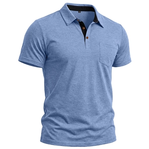Macro detail of blue short-sleeve Polo shirt with chest pocket and contrast black placket