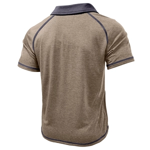 Rear view of brown short sleeve polo shirt with raglan sleeves and contrast stitching