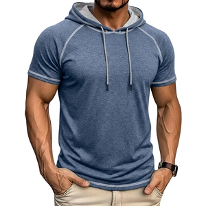 Detail of blue-grey short sleeve hoodie featuring contrast white stitching and drawstring hood