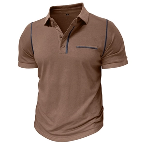 Detail view of brown short sleeve polo shirt with navy contrast stitching and 3-button placket