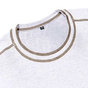 Detailed close-up of light gray Henley t-shirt neckline with brown contrast stitching