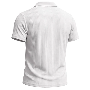 Rear view of white men's short sleeve polo shirt featuring vertical ribbed texture design