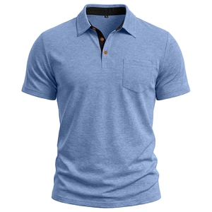 Detail of light blue Polo shirt featuring a chest pocket and textured breathable fabric