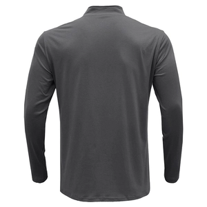 Detail view of reinforced sleeve stitching on men's grey long sleeve polo shirt