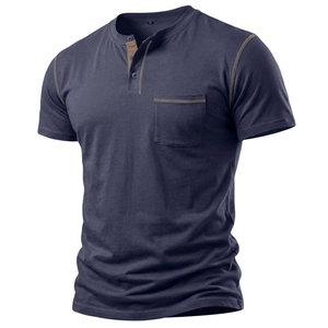 Maglia Henley uomo blu scuro a maniche corte con cuciture a contrasto e taschino