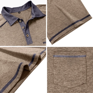 Detail view of coffee-colored knit polo shirt with blue contrast collar and wood buttons
