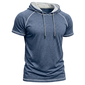 Detail of raglan sleeves and adjustable drawstring on men's hooded short sleeve t-shirt