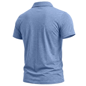 Detailed back view of a men's blue short sleeve polo shirt with heathered knit fabric texture