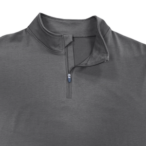 Detail of men's quarter-zip polo shirt showing stand collar and dark grey knit fabric