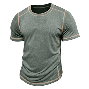 Detailed view of grey-green men's Henley shirt with contrast stitching and neck size print