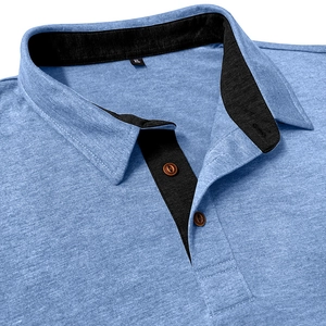 Detail of the blue polo shirt collar with wooden buttons and black inner lining texture