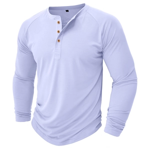 Close-up of three-button placket and wood-style buttons on men's lavender Henley shirt