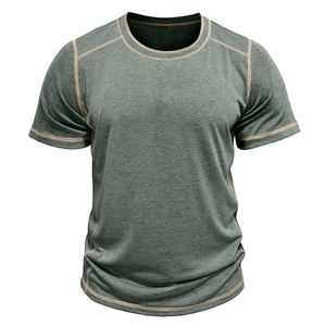 Close-up of contrast stitching on green Henley T-shirt with premium knit texture