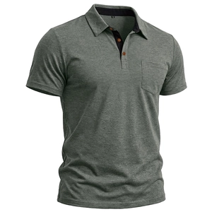 Men's dark grey short sleeve polo shirt with chest pocket and black contrast collar trim