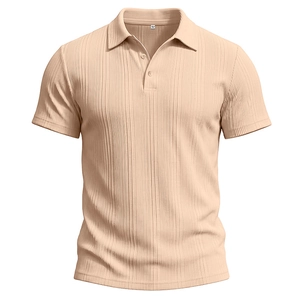 Detail of light apricot men's polo shirt showing ribbed knit fabric and classic collar